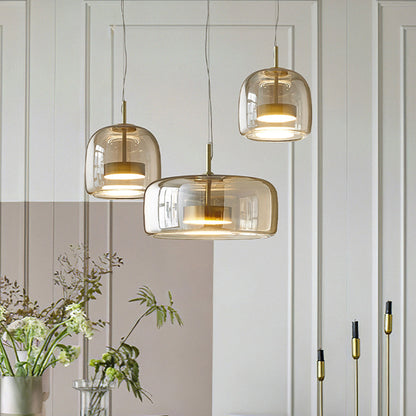 Retro LED Pendant Lamp - Gold Amber Metal & Glass Hanging Light
