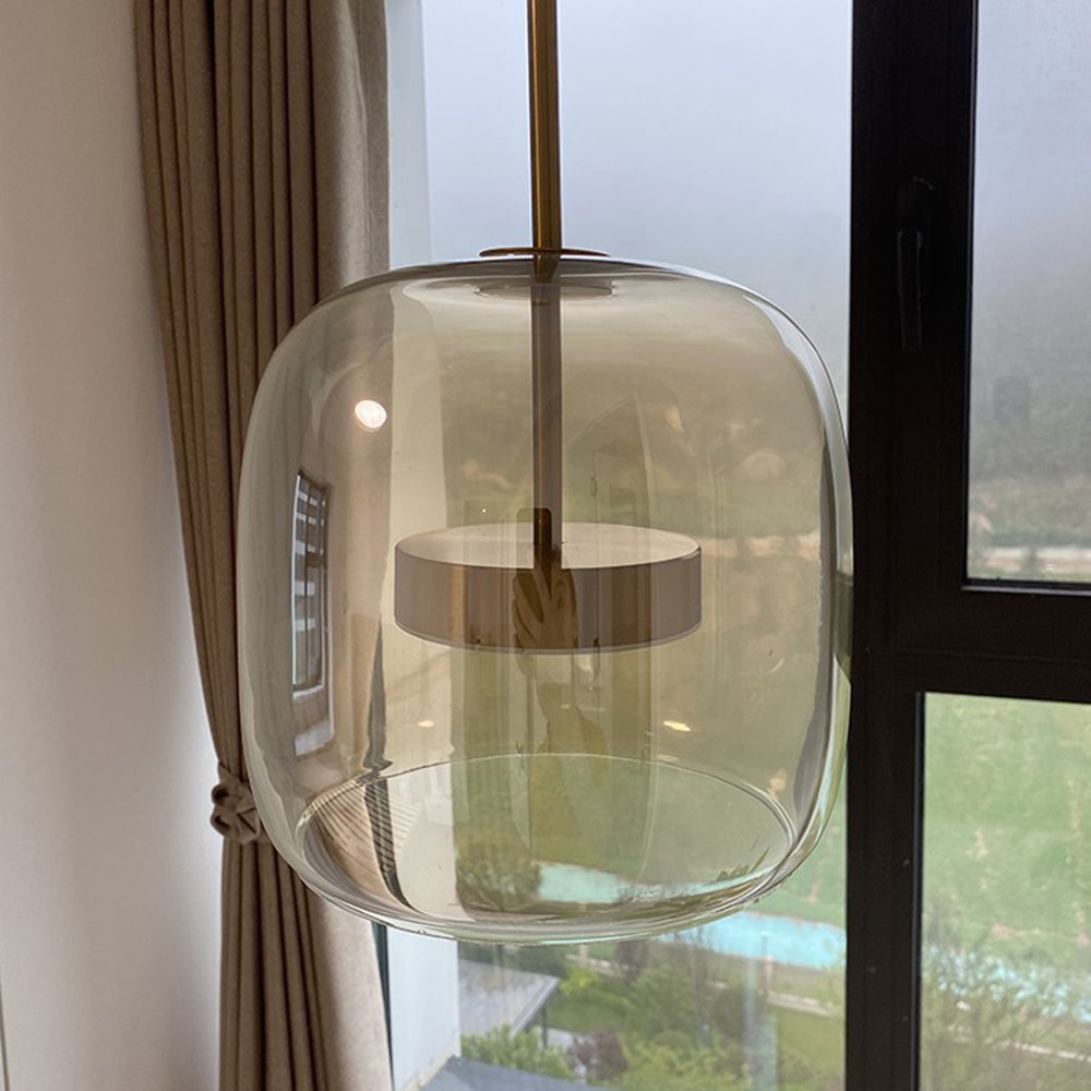 Retro LED Pendant Lamp - Gold Amber Metal & Glass Hanging Light