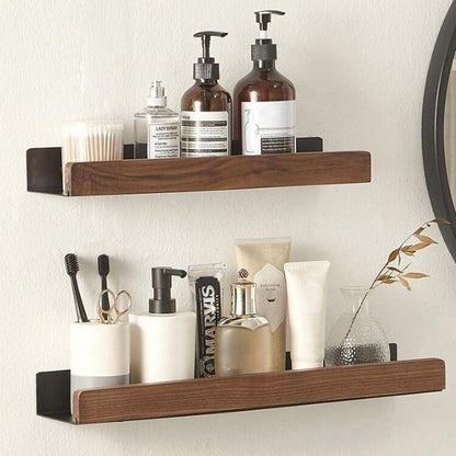 Rustic Wooden Bathroom Shelf – No-Drill Adhesive Wall-Mounted Storage Rack