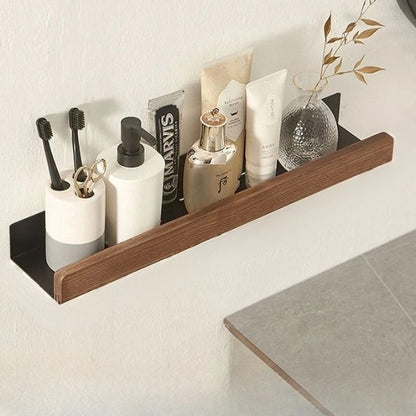 Rustic Wooden Bathroom Shelf – No-Drill Adhesive Wall-Mounted Storage Rack