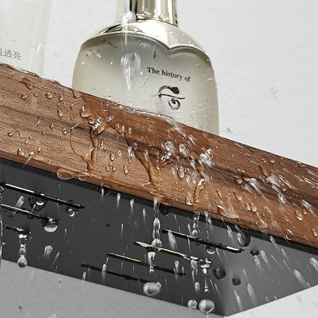 Rustic Wooden Bathroom Shelf – No-Drill Adhesive Wall-Mounted Storage Rack
