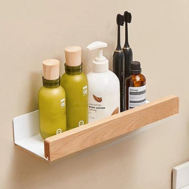 Rustic Wooden Bathroom Shelf – No-Drill Adhesive Wall-Mounted Storage Rack