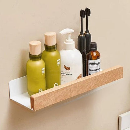 Rustic Wooden Bathroom Shelf – No-Drill Adhesive Wall-Mounted Storage Rack