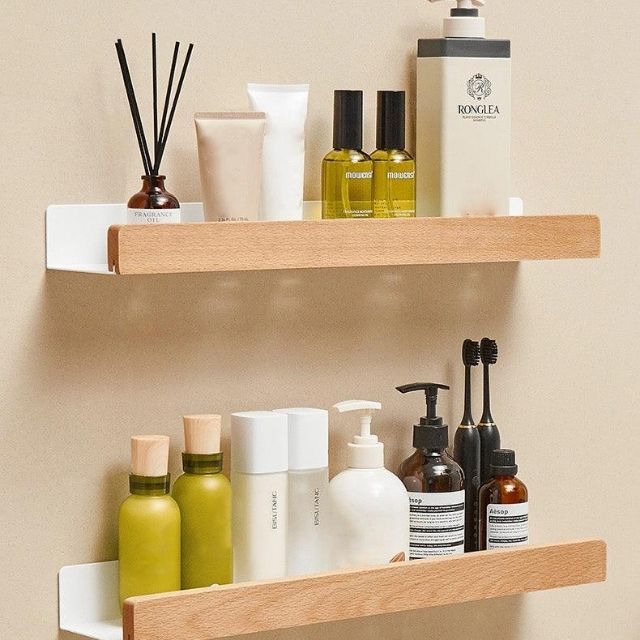 Rustic Wooden Bathroom Shelf – No-Drill Adhesive Wall-Mounted Storage Rack
