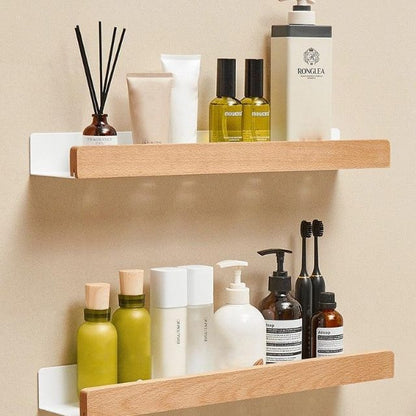 Rustic Wooden Bathroom Shelf – No-Drill Adhesive Wall-Mounted Storage Rack