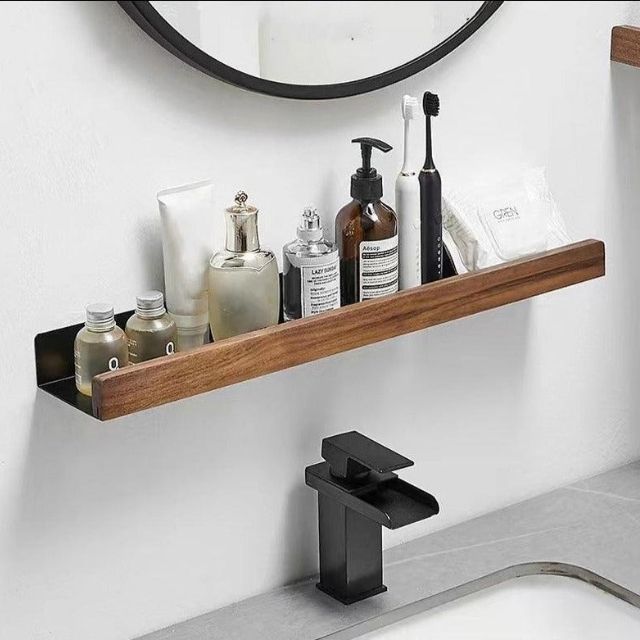 Rustic Wooden Bathroom Shelf – No-Drill Adhesive Wall-Mounted Storage Rack
