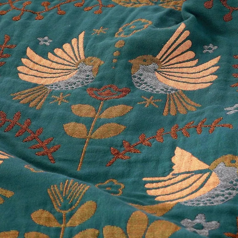 Serenelle – Cotton Throw Blanket with Flying Birds and Floral Details