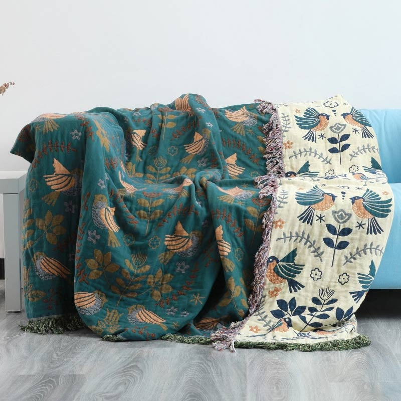 Serenelle – Cotton Throw Blanket with Flying Birds and Floral Details