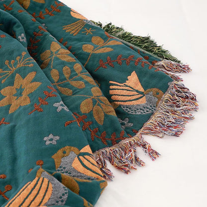Serenelle – Cotton Throw Blanket with Flying Birds and Floral Details