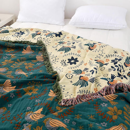 Serenelle – Cotton Throw Blanket with Flying Birds and Floral Details