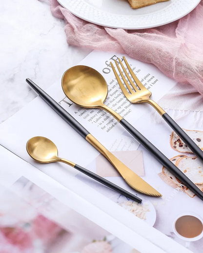 Stainless Steel Cutlery Set with Gold Accents and Matte Black Handles