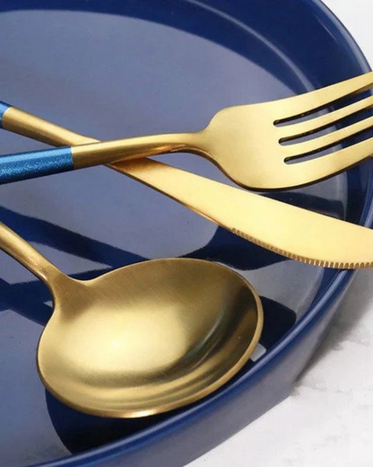 Stainless Steel Cutlery Set with Gold Accents and Matte Black Handles