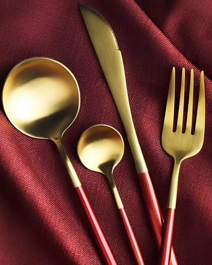 Stainless Steel Cutlery Set with Gold Accents and Matte Black Handles