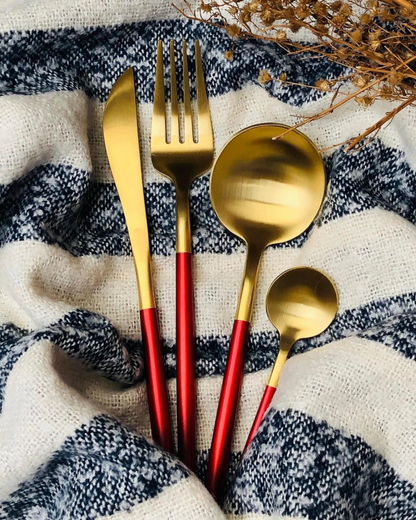 Stainless Steel Cutlery Set with Gold Accents and Matte Black Handles