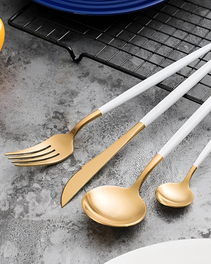 Stainless Steel Cutlery Set with Gold Accents and Matte Black Handles