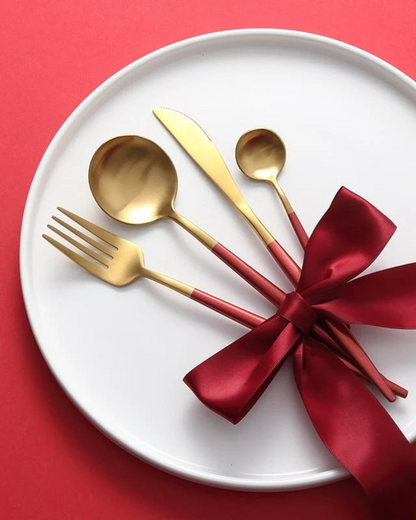 Stainless Steel Cutlery Set with Gold Accents and Matte Black Handles