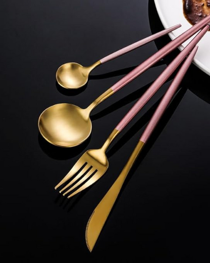 Stainless Steel Cutlery Set with Gold Accents and Matte Black Handles
