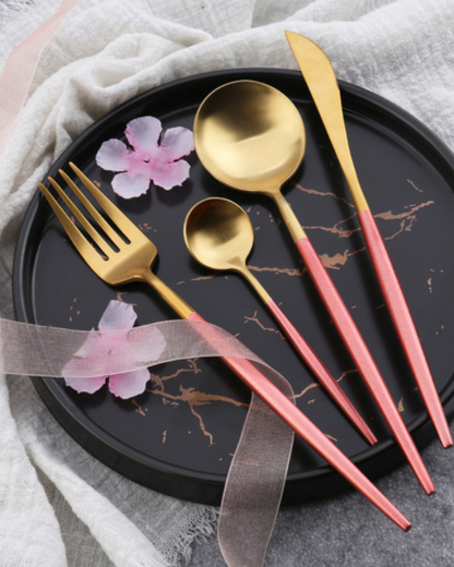 Stainless Steel Cutlery Set with Gold Accents and Matte Black Handles