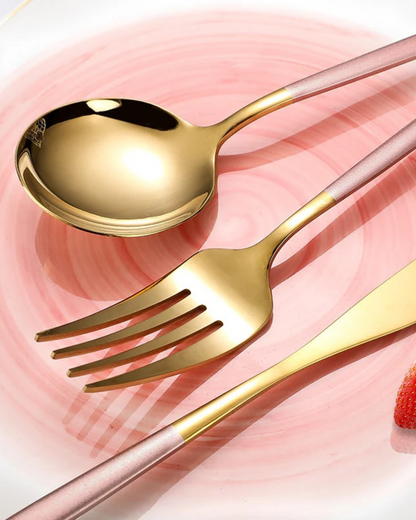 Stainless Steel Cutlery Set with Gold Accents and Matte Black Handles
