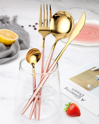Stainless Steel Cutlery Set with Gold Accents and Matte Black Handles