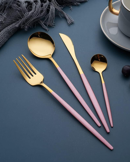 Stainless Steel Cutlery Set with Gold Accents and Matte Black Handles