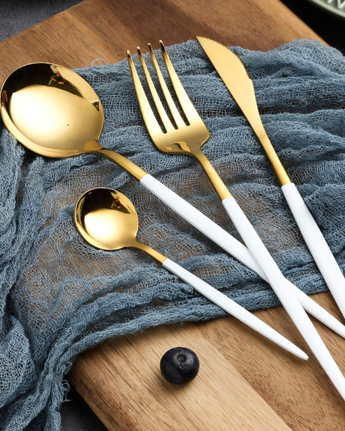 Stainless Steel Cutlery Set with Gold Accents and Matte Black Handles