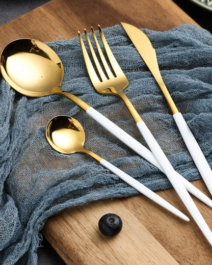 Stainless Steel Cutlery Set with Gold Accents and Matte Black Handles