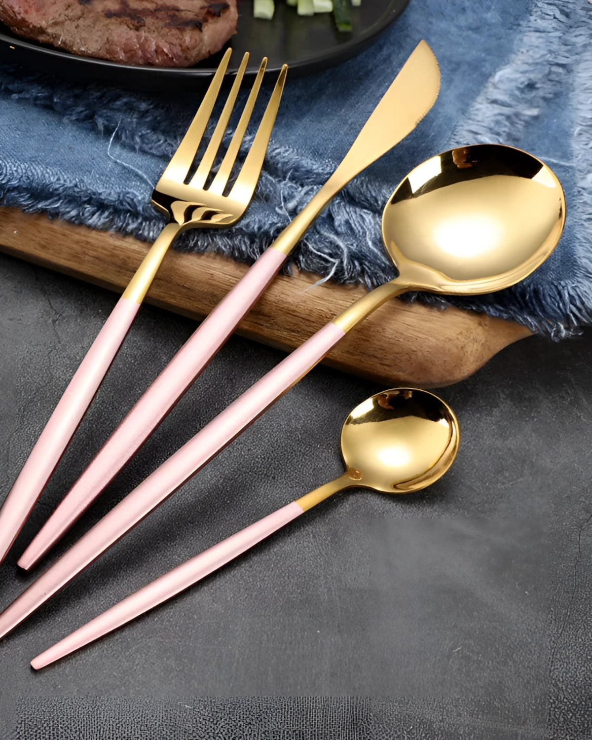 Stainless Steel Cutlery Set with Gold Accents and Matte Black Handles