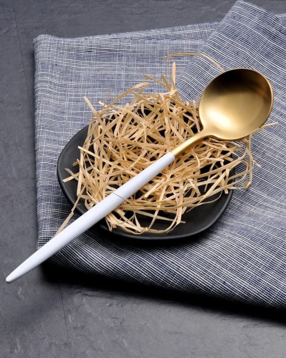 Stainless Steel Cutlery Set with Gold Accents and Matte Black Handles