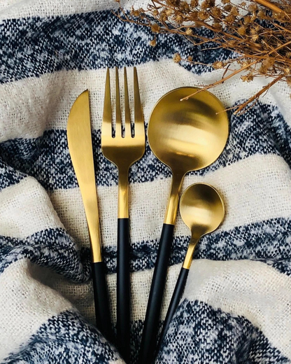 Stainless Steel Cutlery Set with Gold Accents and Matte Black Handles