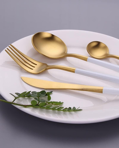 Stainless Steel Cutlery Set with Gold Accents and Matte Black Handles