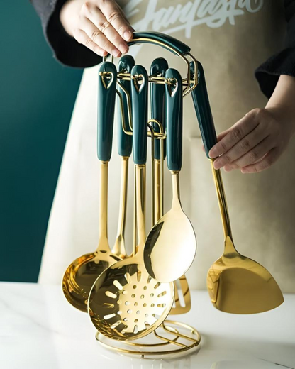 Stainless Steel Kitchen Utensil Set with Gold Finish and Emerald Green Handles