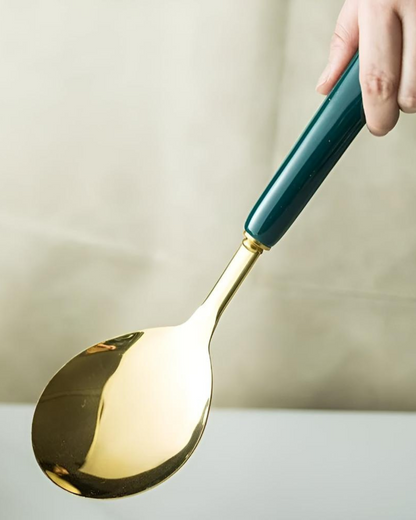 Stainless Steel Kitchen Utensil Set with Gold Finish and Emerald Green Handles