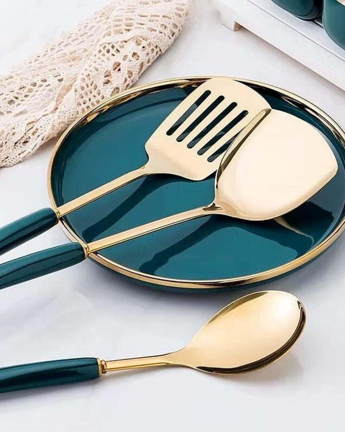 Stainless Steel Kitchen Utensil Set with Gold Finish and Emerald Green Handles