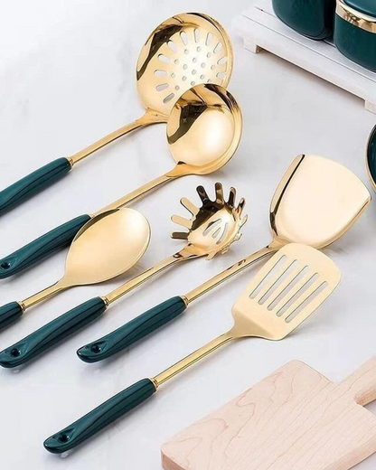 Stainless Steel Kitchen Utensil Set with Gold Finish and Emerald Green Handles