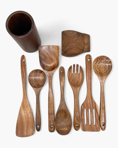 Teak Wood Kitchen Utensil Set for Cooking, Stirring and Serving