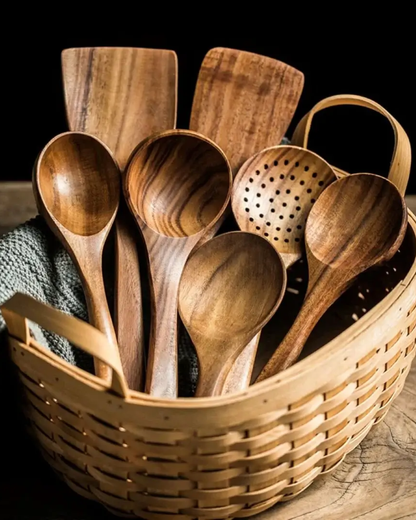 Teak Wood Kitchen Utensil Set for Cooking, Stirring and Serving