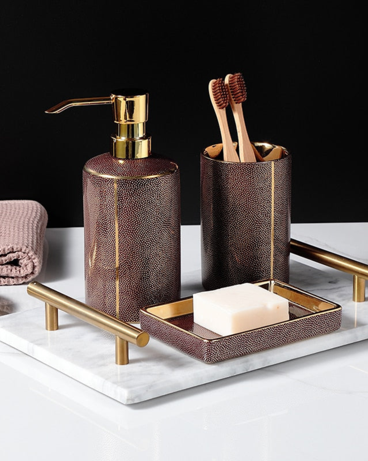 Textured Ceramic Bathroom Set with Gold Accents