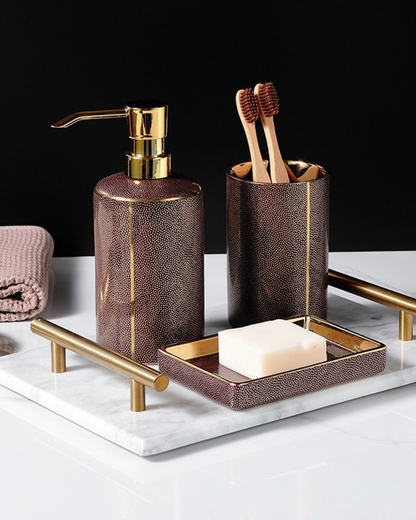 Textured Ceramic Bathroom Set with Gold Accents