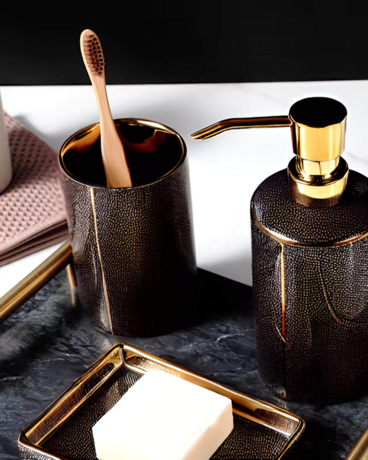 Textured Ceramic Bathroom Set with Gold Accents