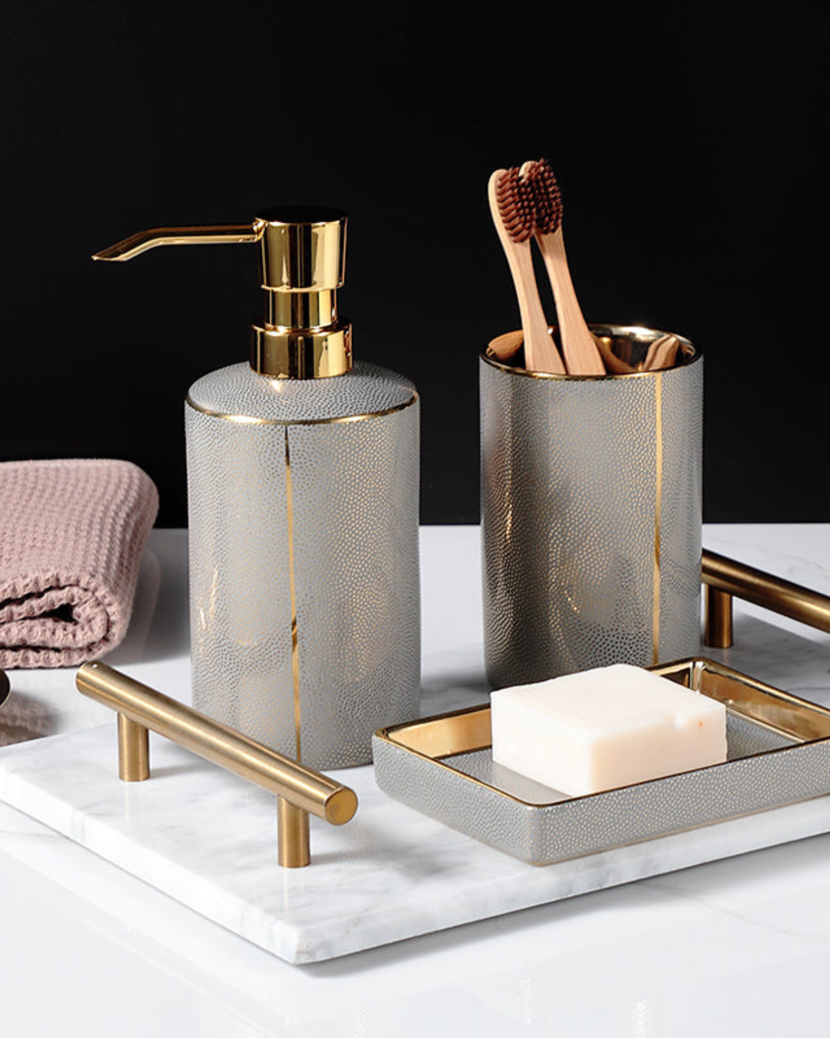 Textured Ceramic Bathroom Set with Gold Accents
