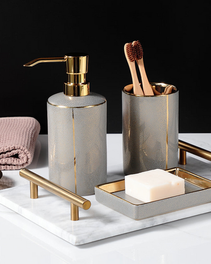 Textured Ceramic Bathroom Set with Gold Accents