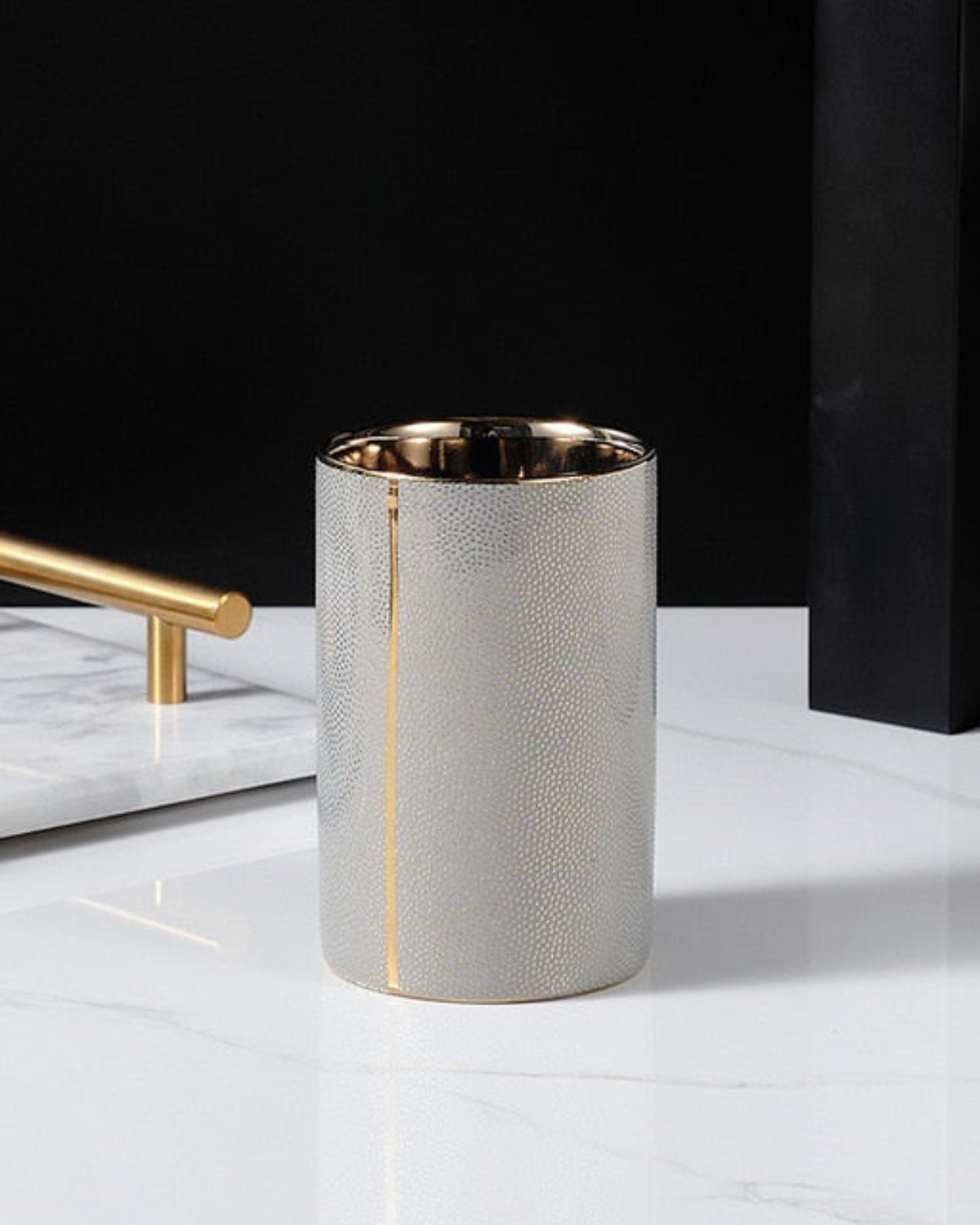 Textured Ceramic Bathroom Set with Gold Accents