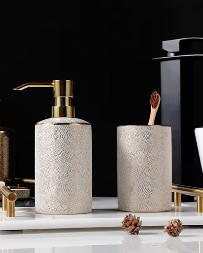 Textured Ceramic Bathroom Set with Gold Accents