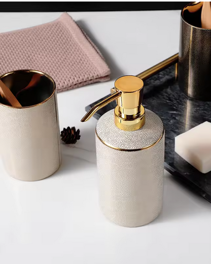 Textured Ceramic Bathroom Set with Gold Accents