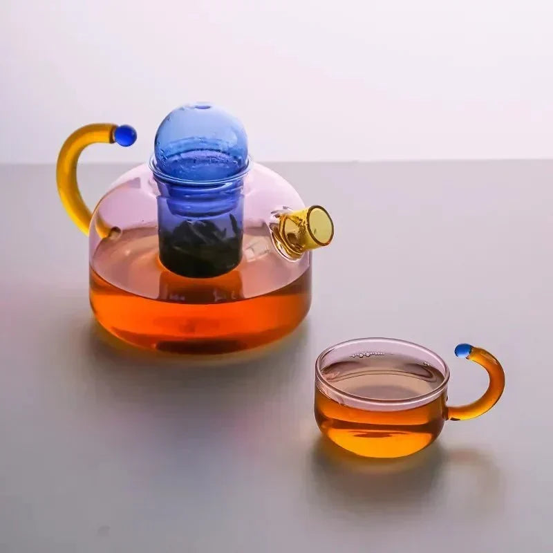 Translucent Borosilicate Glass Kettle and Mug Set with Built-In Filter