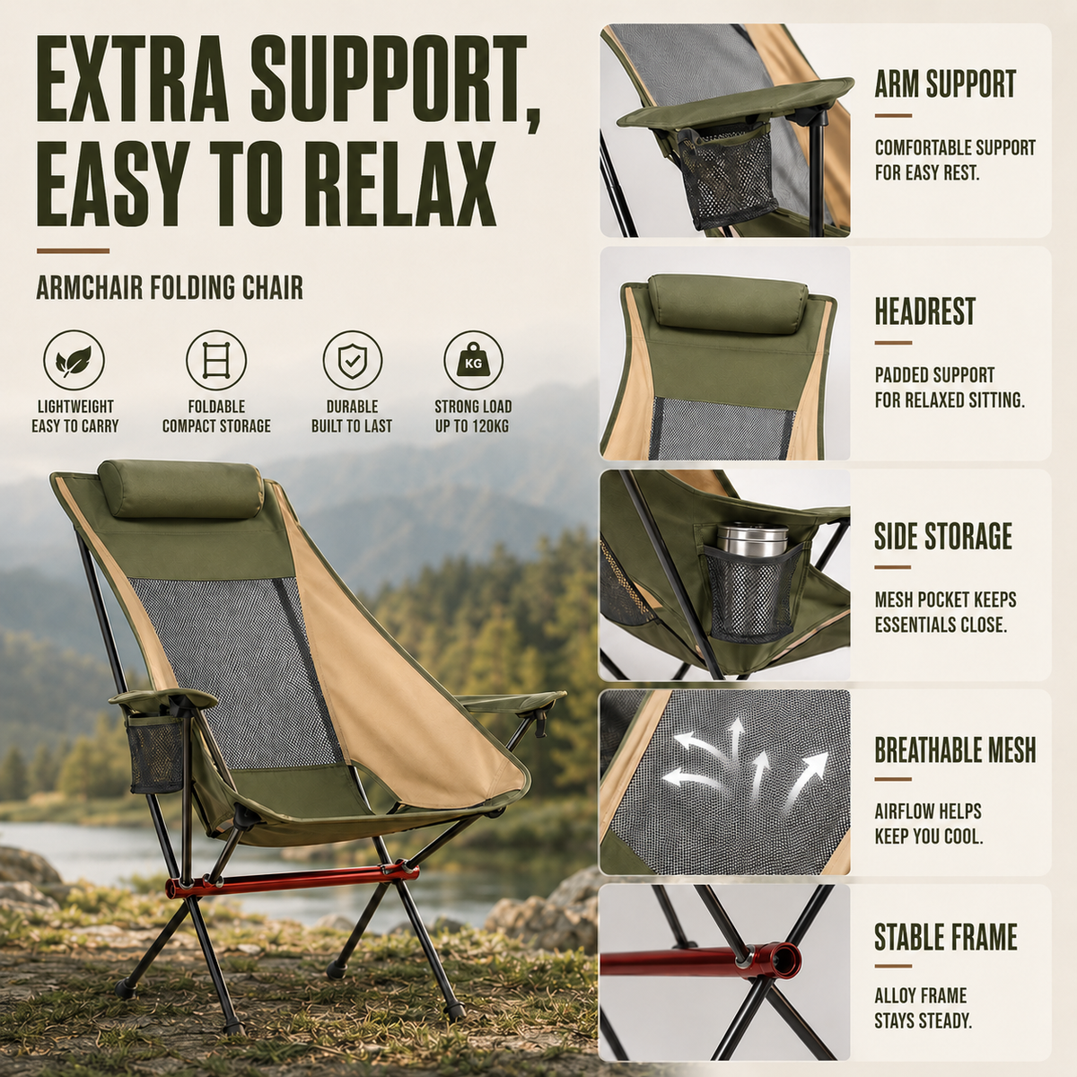 Ultralight Folding High-Back Camping Chair with Breathable Mesh