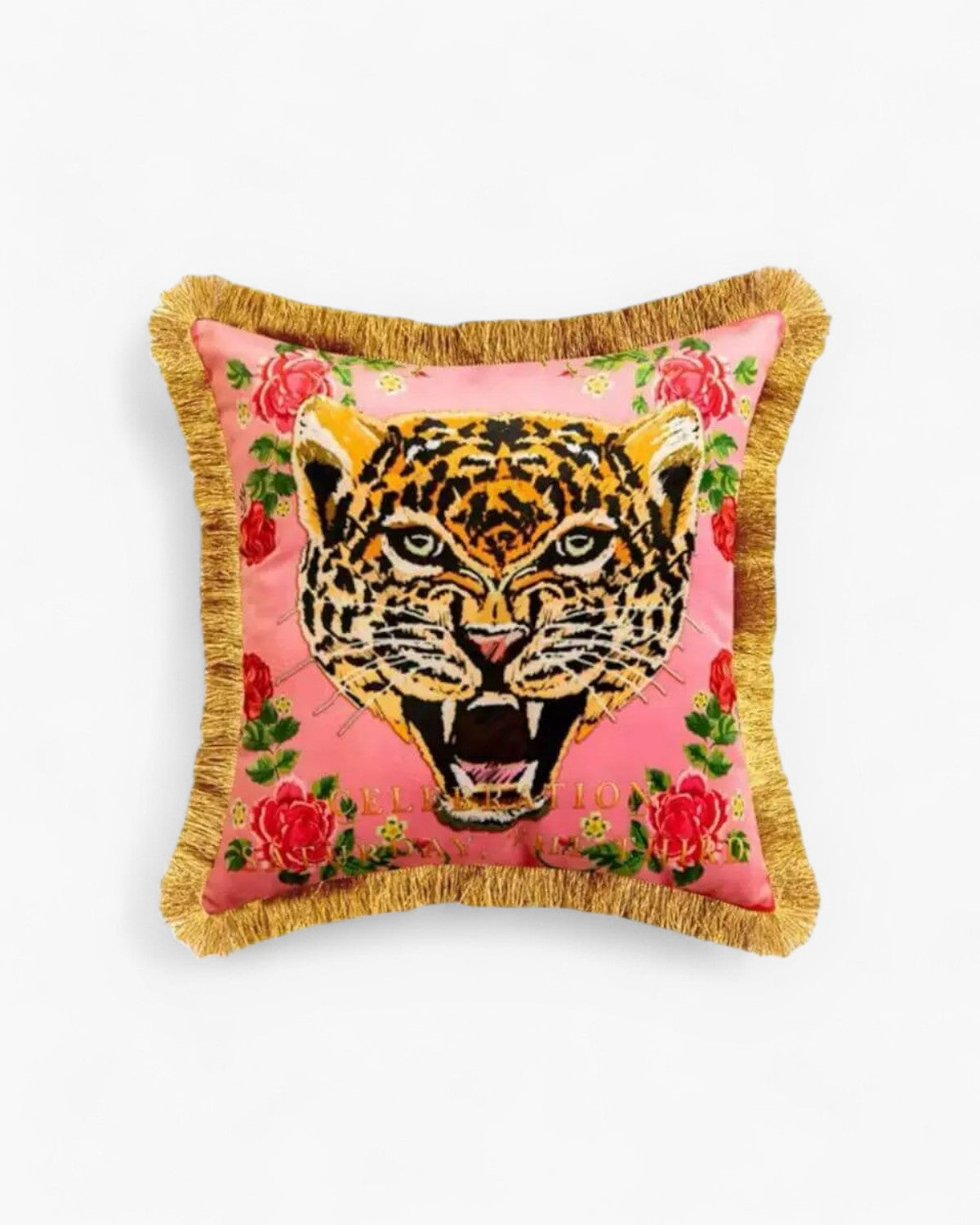 Velvet Cushion with Panther Print and Gold Tassel Trim