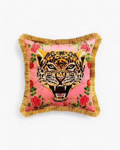 Velvet Cushion with Panther Print and Gold Tassel Trim