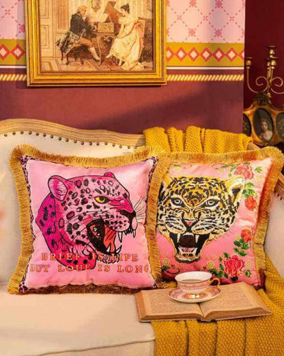 Velvet Cushion with Panther Print and Gold Tassel Trim
